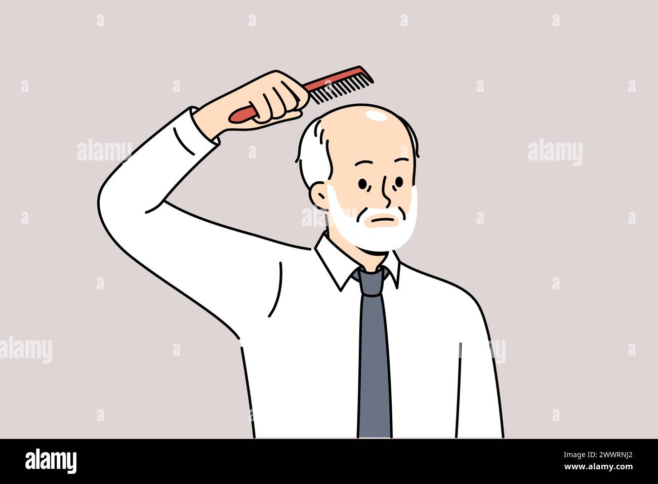 Elderly balding man holds comb over head, upset about hair loss due to old age. Balding businessman in white shirt and tie is thinking of hair transplant operation on forehead and occiput Stock Vector