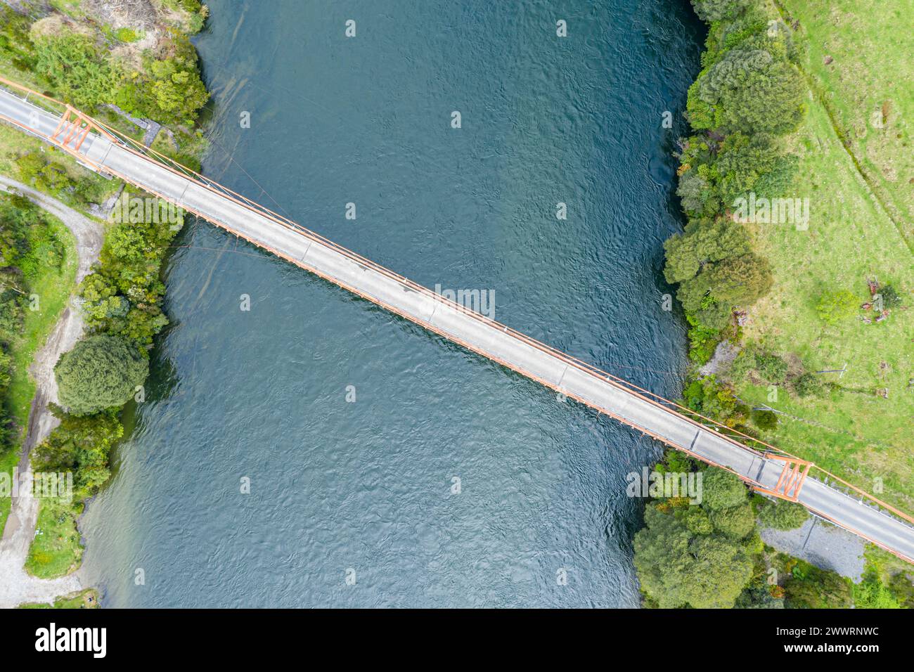 Bridge over river Rio Rosselot just north of village La Junta, aerial view, Patagonia, Chile Stock Photo