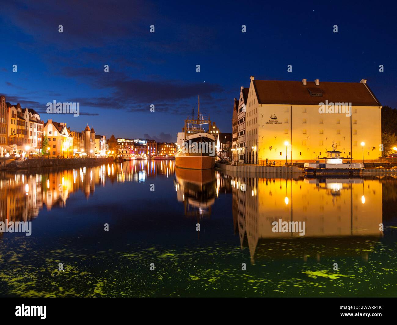 SS Soldek in the centre of Gdansk by night, Poland Stock Photo