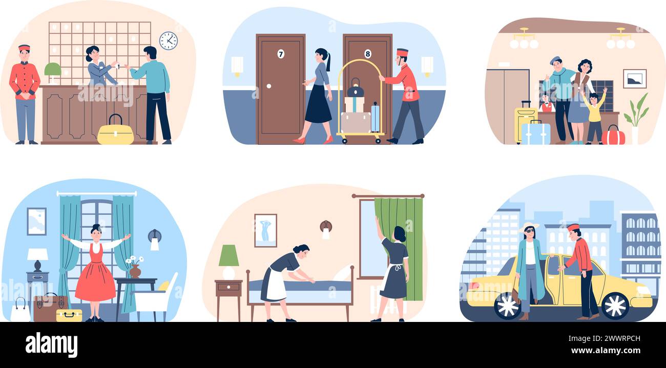 Hotel guests scenes. Travelers and hostel or residence staff. Reception and cleaning service, porter with luggage and transfer. Recent vector concept Stock Vector