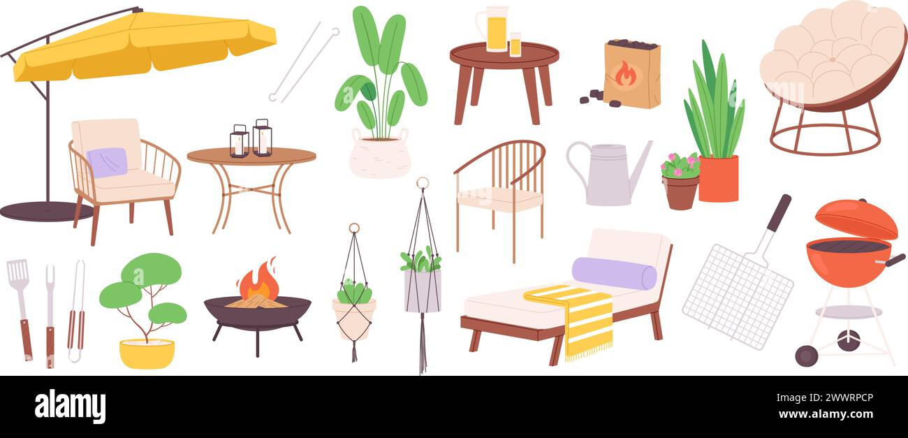 Garden furniture bbq. Cozy chairs and umbrella, grill equipment for resting on backyard. Terrace relax elements, fireplace and plants, racy vector Stock Vector