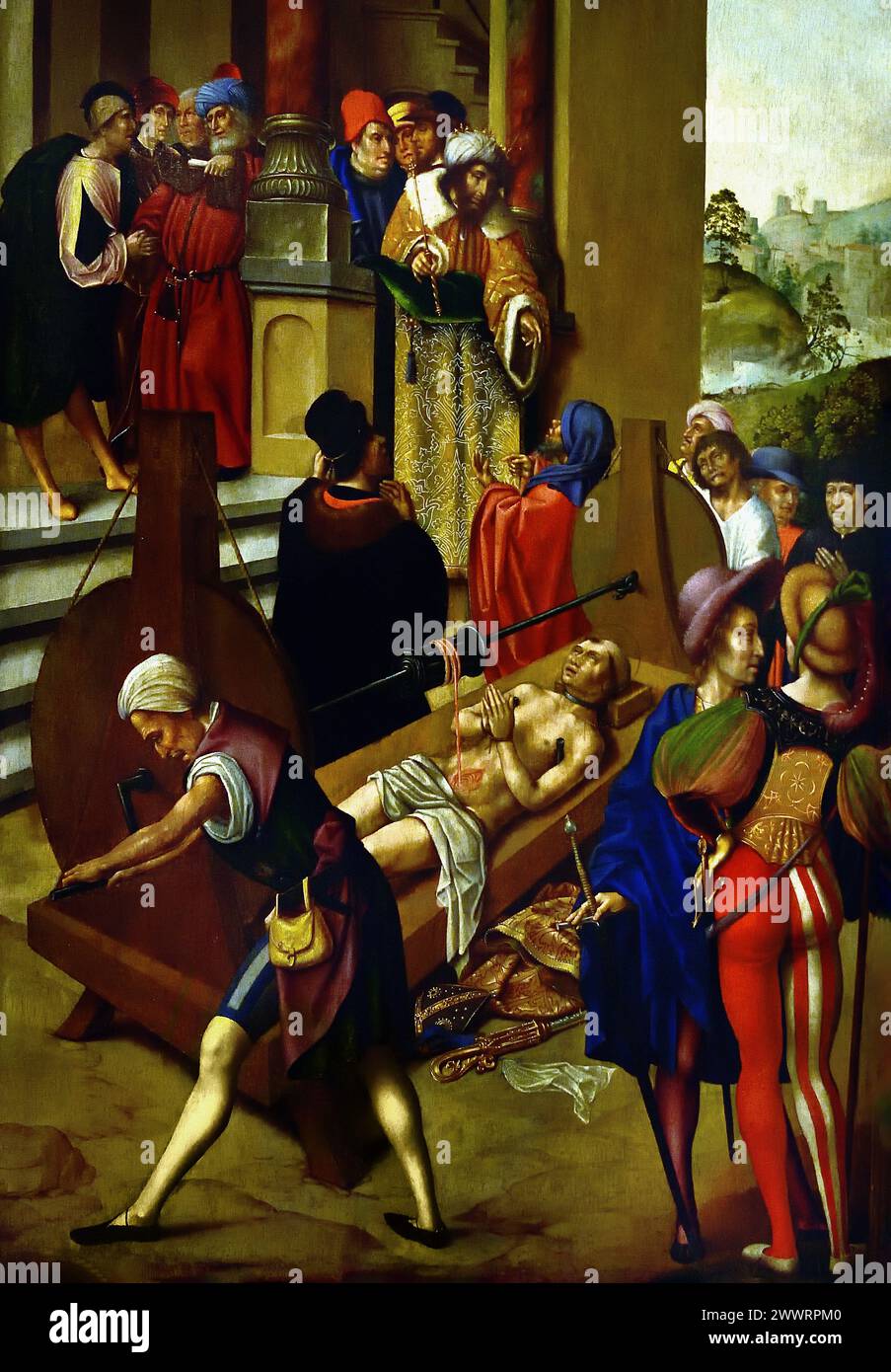 Martyrdom of Erasmus 1500 by anonymous painter,  Museum Mayer van den Bergh,  Antwerp, As the patron saint of skippers, the legendary bishop of Antioch was depicted with an attribute of a windlass with anchor rope. Where such things were not known, they were taken as his instrument of torture: the pagans are said to have pulled Erasmus' intestines out of his body with a pulley Stock Photo