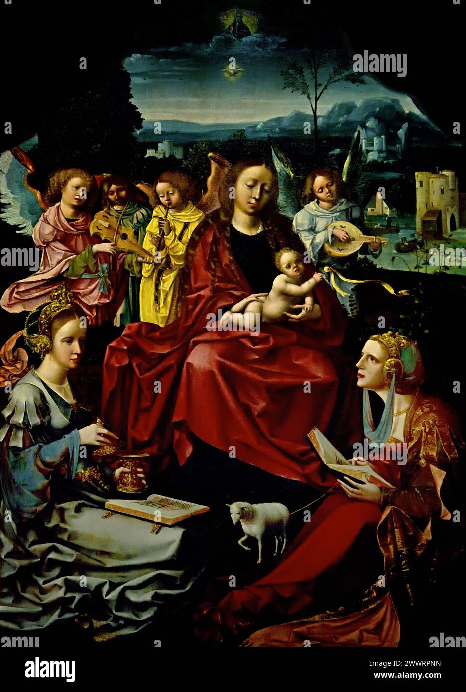 Mary with Child, Mary Magdalene, Agnes, Catherine and Barbara (triptych) anonymous1500 - 1519 Museum Mayer van den Bergh,  Antwerp, Belgium, Belgian. Stock Photo