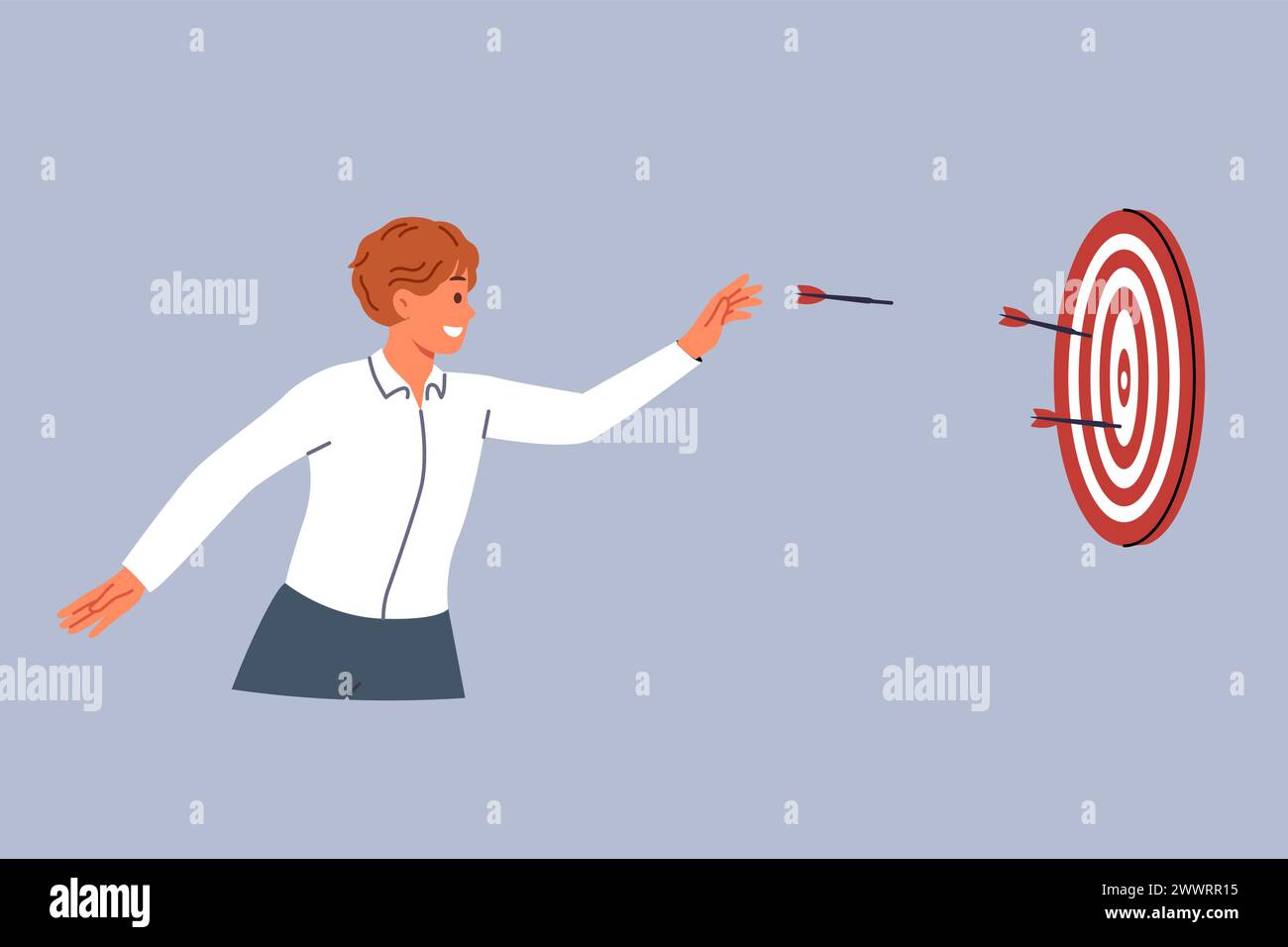 Business man is trying to hit target and achieve desired result by throwing darts at dartboard Stock Vector
