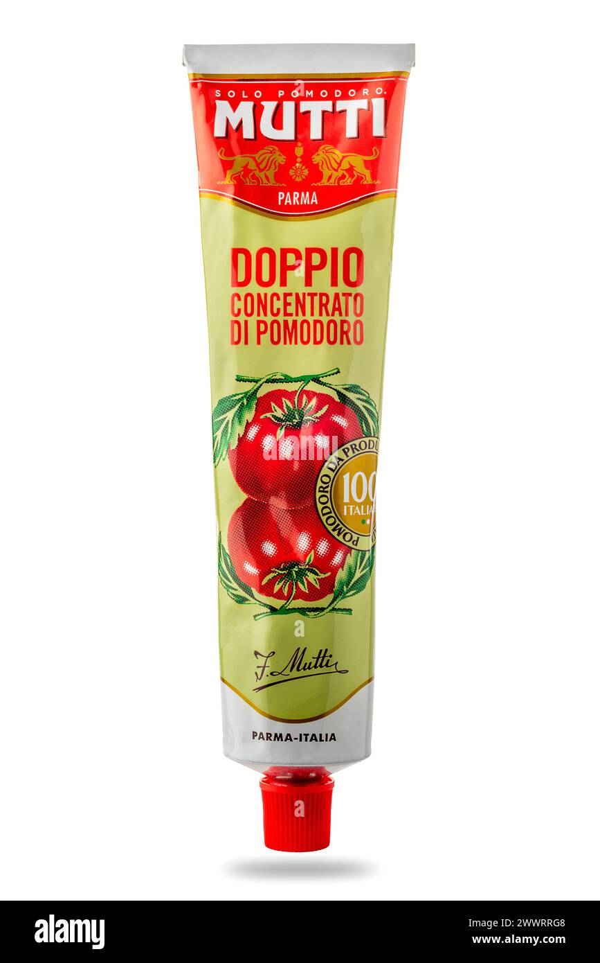Italy - March 20, 2024: Mutti tomato concentrate in tube, double Italian tomato concentrate, isolated on white with clipping path included. Mutti is i Stock Photo