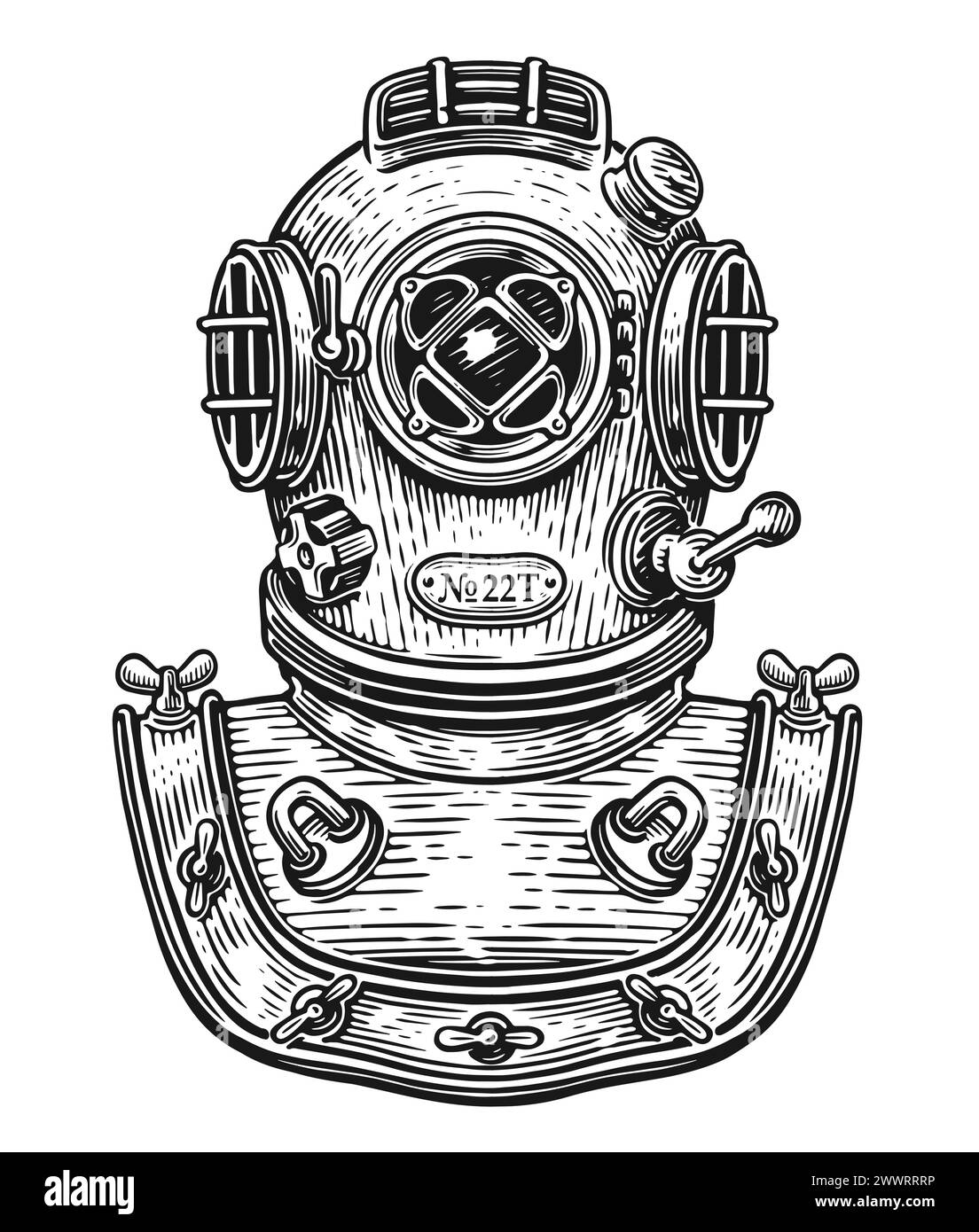 Vintage underwater diving helmet. Hand drawn sketch vector illustration Stock Vector