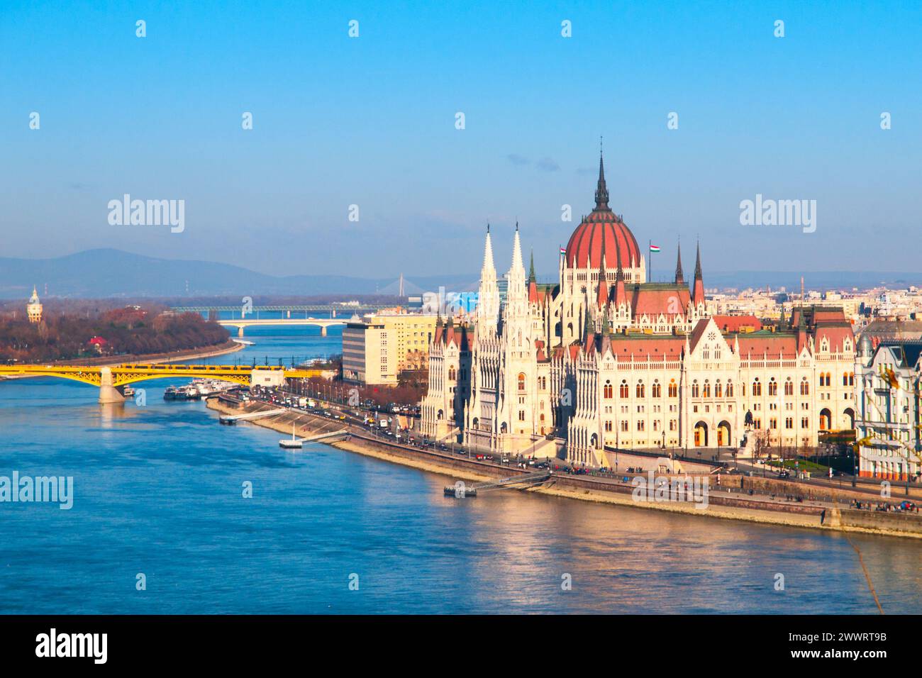 Hungarian Parliament, aka Orszaghaz, historical building on Danube riverbank in the centre of Budapest, Hungary, Europe. UNESCO World Heritage Site. Aerial view from Buda Castle. Stock Photo