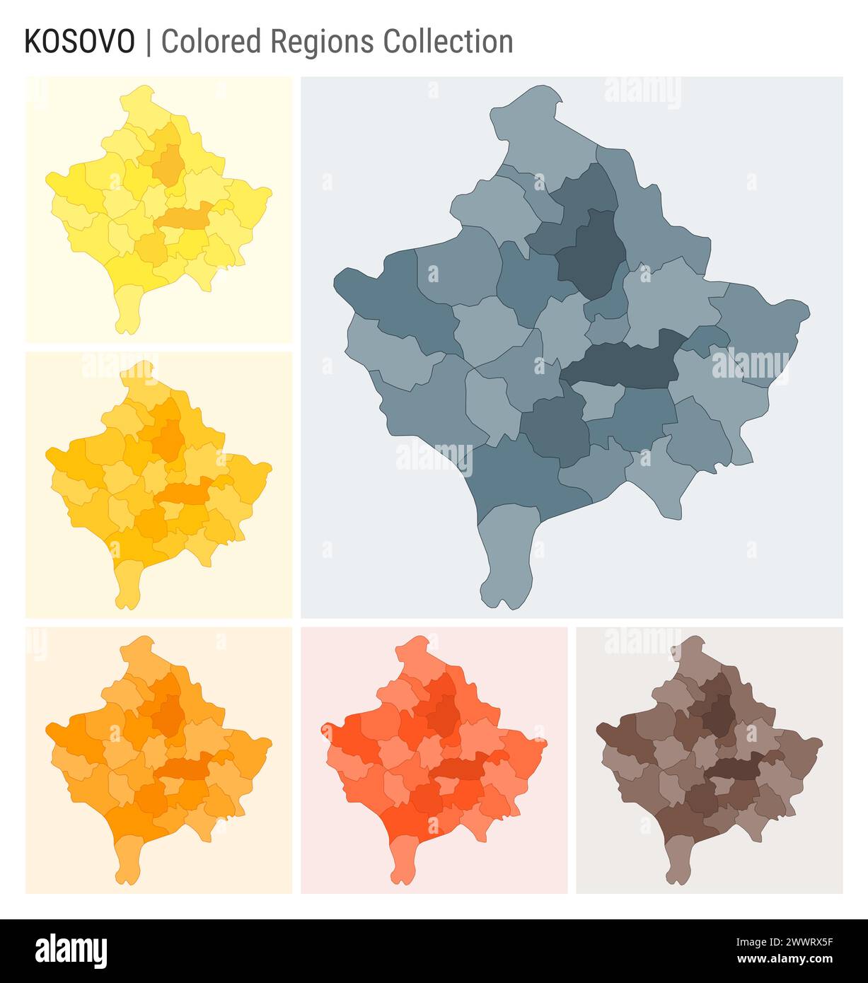 Kosovo map collection. Country shape with colored regions. Blue Grey ...