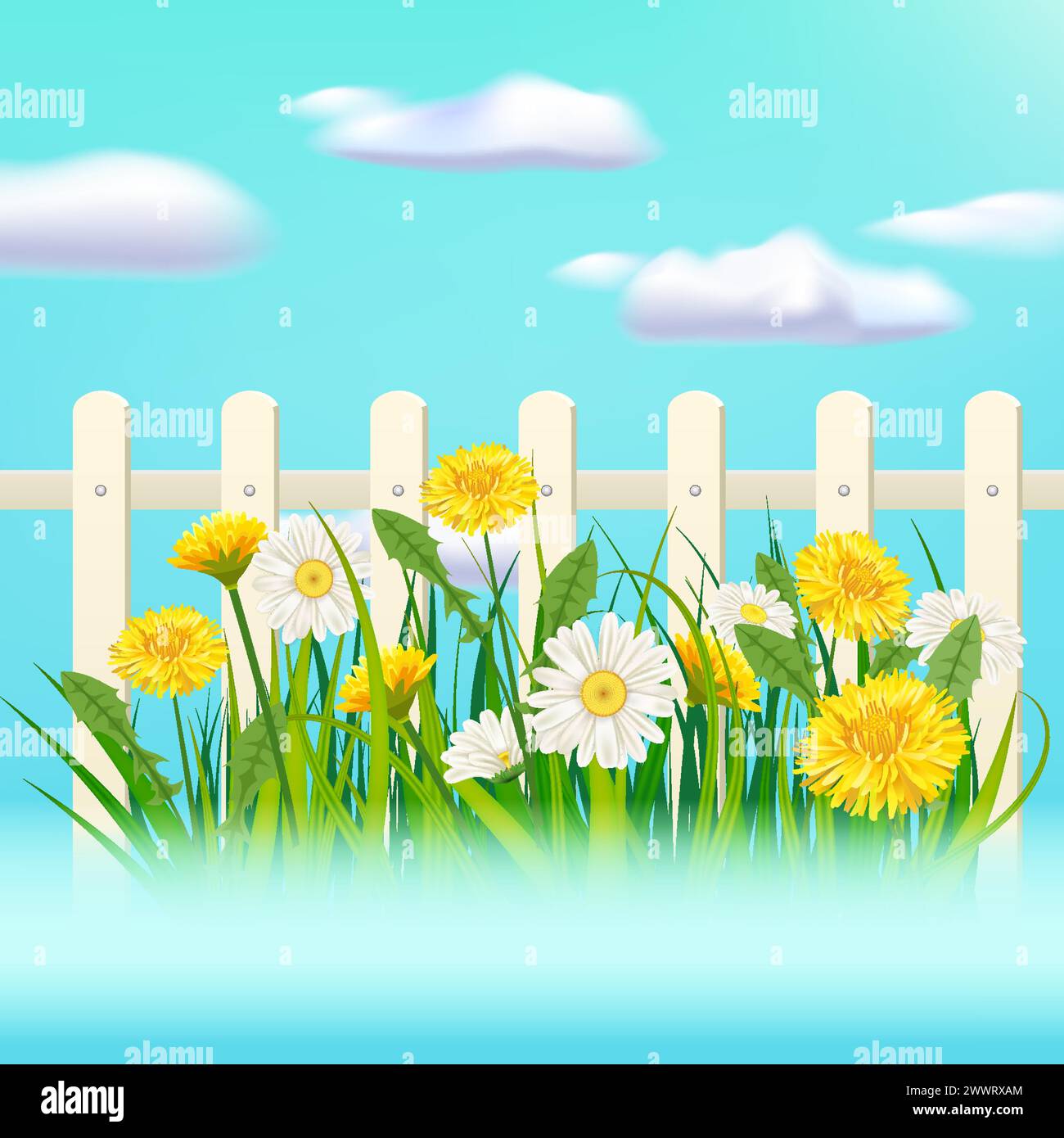 Spring green grass, daisy and dandelion flowers, white fence Stock Vector