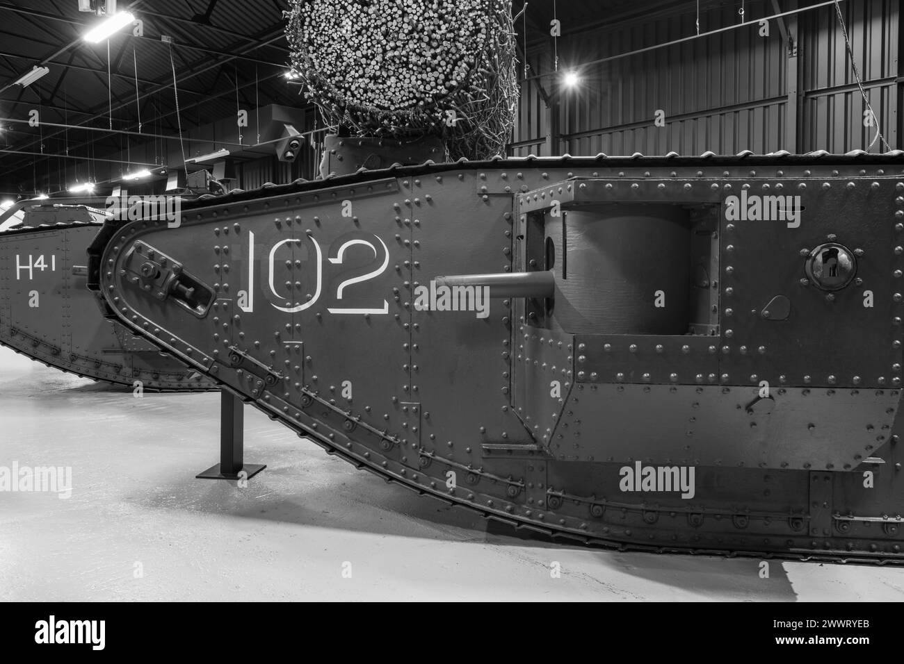 Bovington.Dorset.United Kingdom.August 8th 2023.A Mark 4 male tank fron the first world war is on show at the Tank Museum Stock Photo