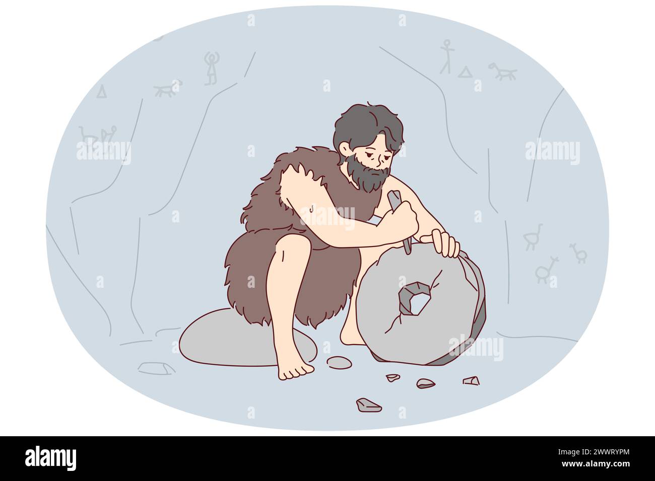 Ancient man with beard who lives in cave uses stone tool to create wheel. Neanderthal man in cloak made of animal skin invents primitive devices for grinding grain. Flat vector illustration Stock Vector