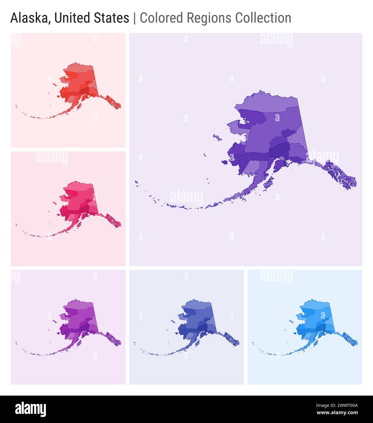 Alaska United States Map collection - Alaska United States Map Collection State Shape Colored Counties Deep Purple Red Pink Purple Indigo Blue Color Palettes 2WWT00A 