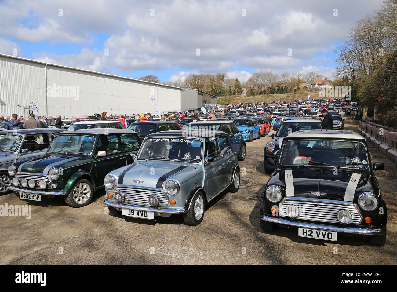 Hundreds of different Minis on the Finishing Straight, Mini Day, 24th March 2024, Brooklands Museum, Weybridge, Surrey, England, UK, Europe Stock Photo