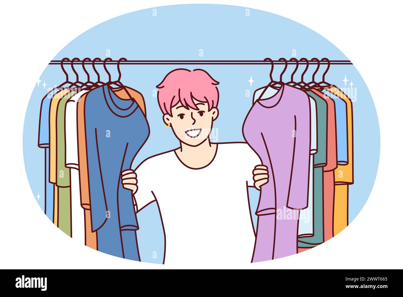 Young Cheerful man in t-shirt smiling peeking out from behind hanger for collection of clothes choosing new look. Guy with pink hair is standing in clothing store wanting to buy fashionable outfit Stock Vector