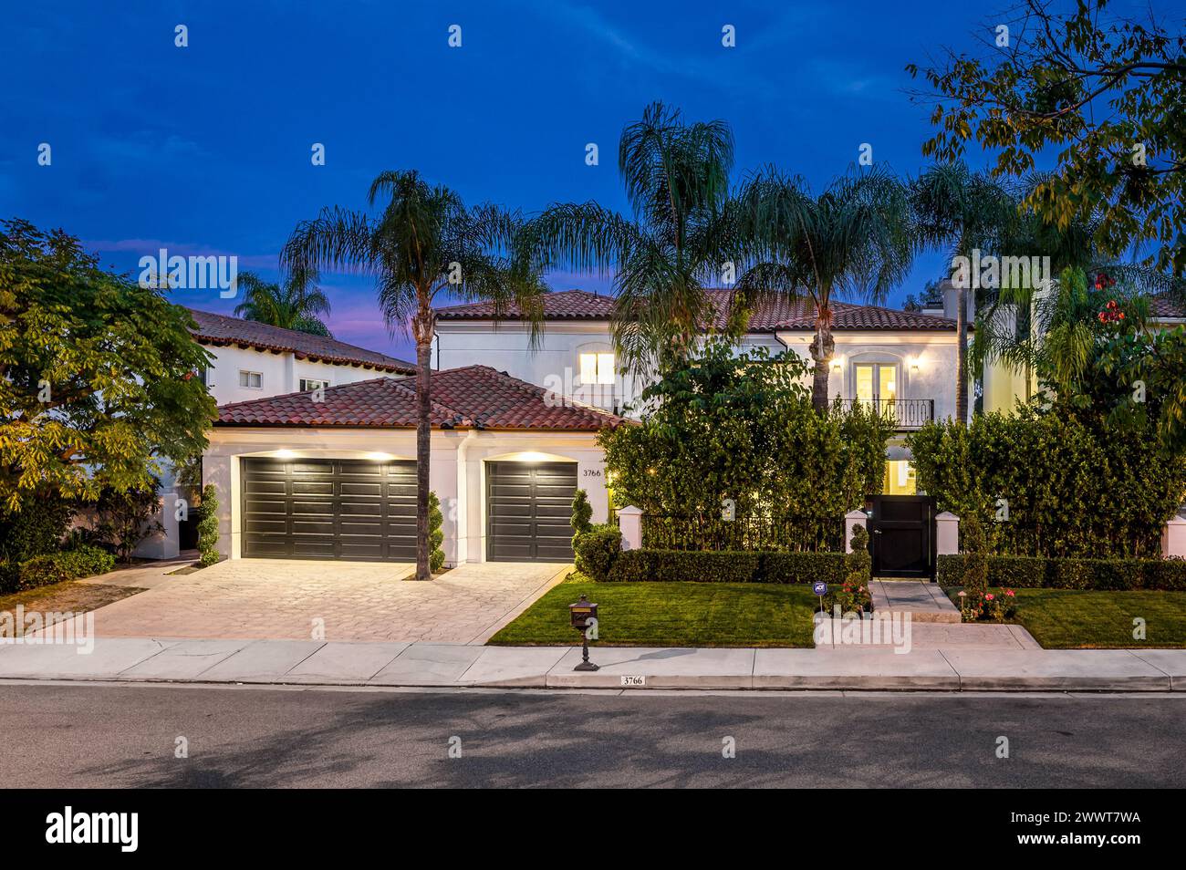 A modern house facade at dusk with palm trees Stock Photo - Alamy