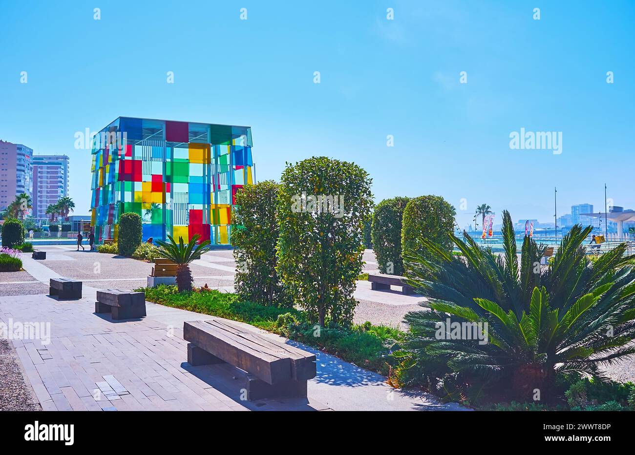 MALAGA, SPAIN - SEPT 28, 2019: The topiary park on Pasaje Doctor Carrillo Casaux in front of Centre Pompidou Malaga museum, Malaga, Spain Stock Photo