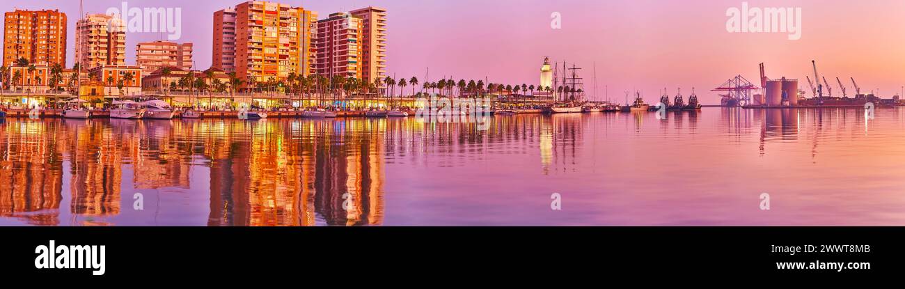 Purple Evening Panorama Of Malaga Port And Muelle Uno Pier With Line Of purple-evening-panorama-of-malaga-port-and-muelle-uno-pier-with-line-of