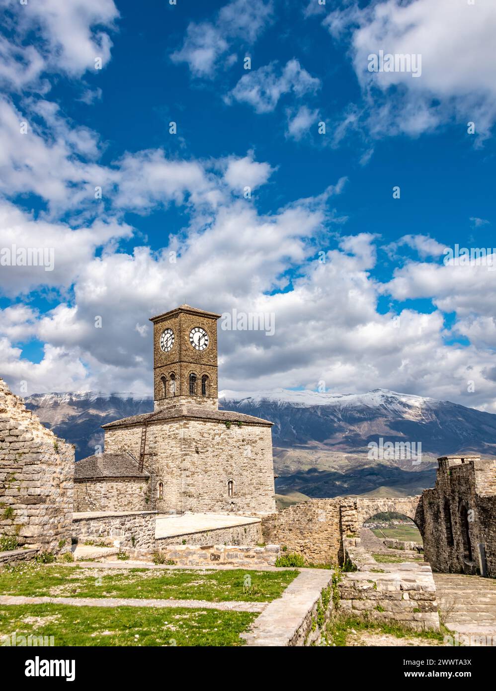 Clock tower at Gjirokaster Castle in Albania Stock Photo