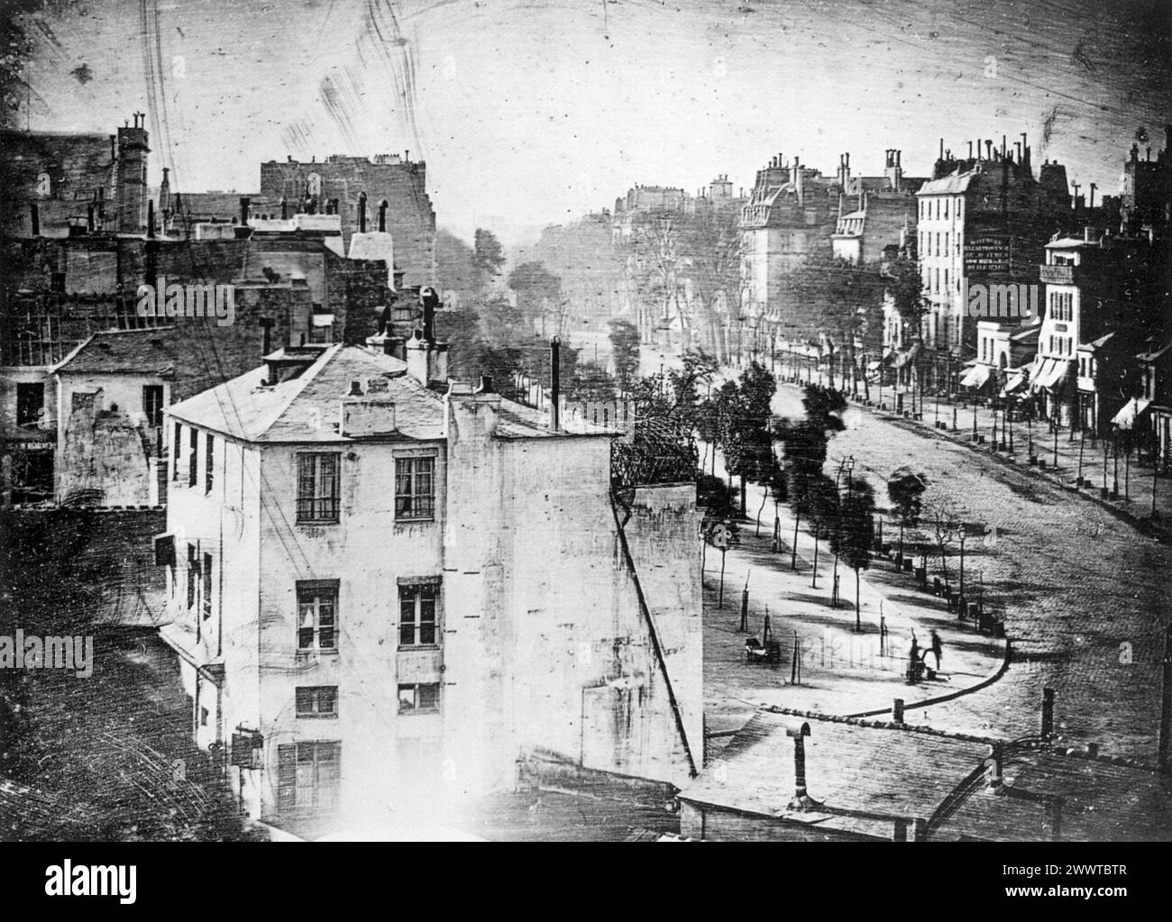 View of the Boulevard du Temple, taken by Daguerre in 1838 in Paris, includes the earliest known photograph of a person. The image Stock Photo