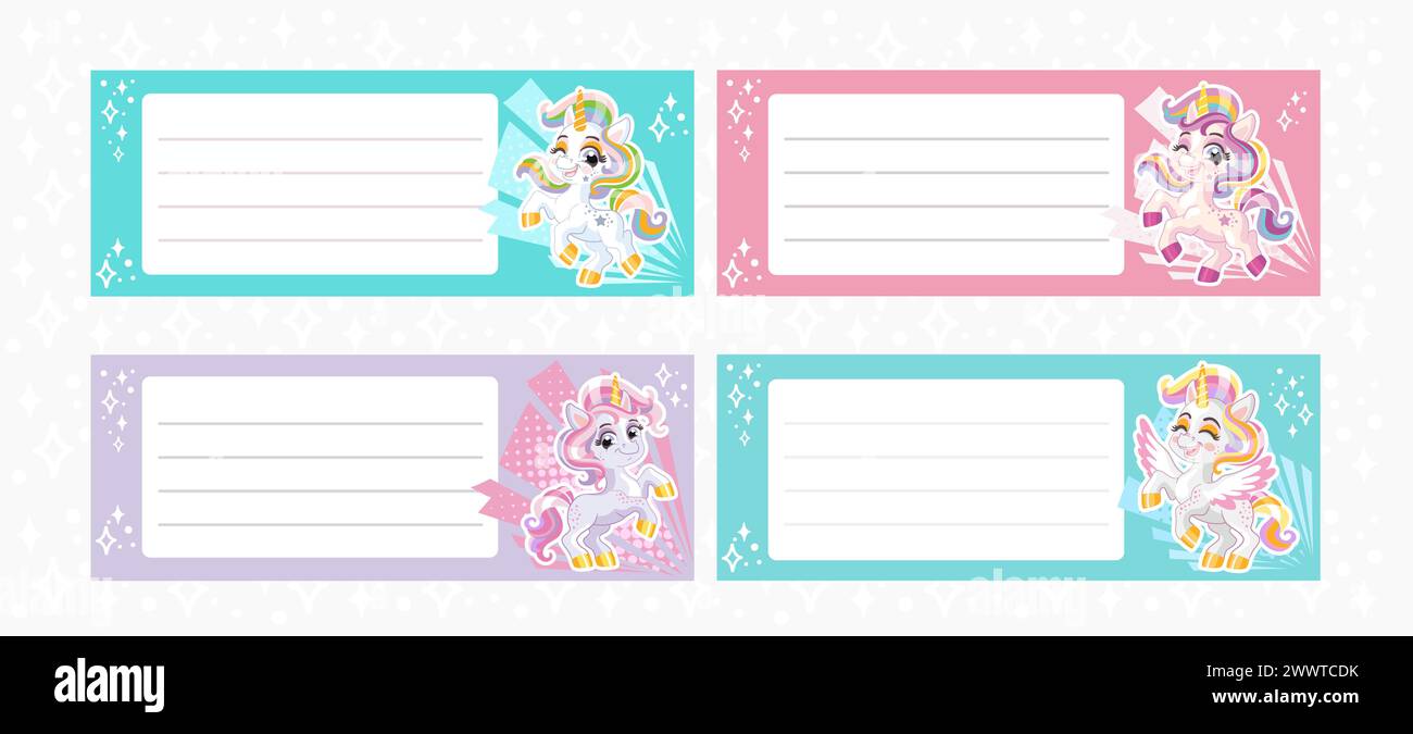 Notes pages with cute cartoon unicorns vector set Stock Vector Image ...