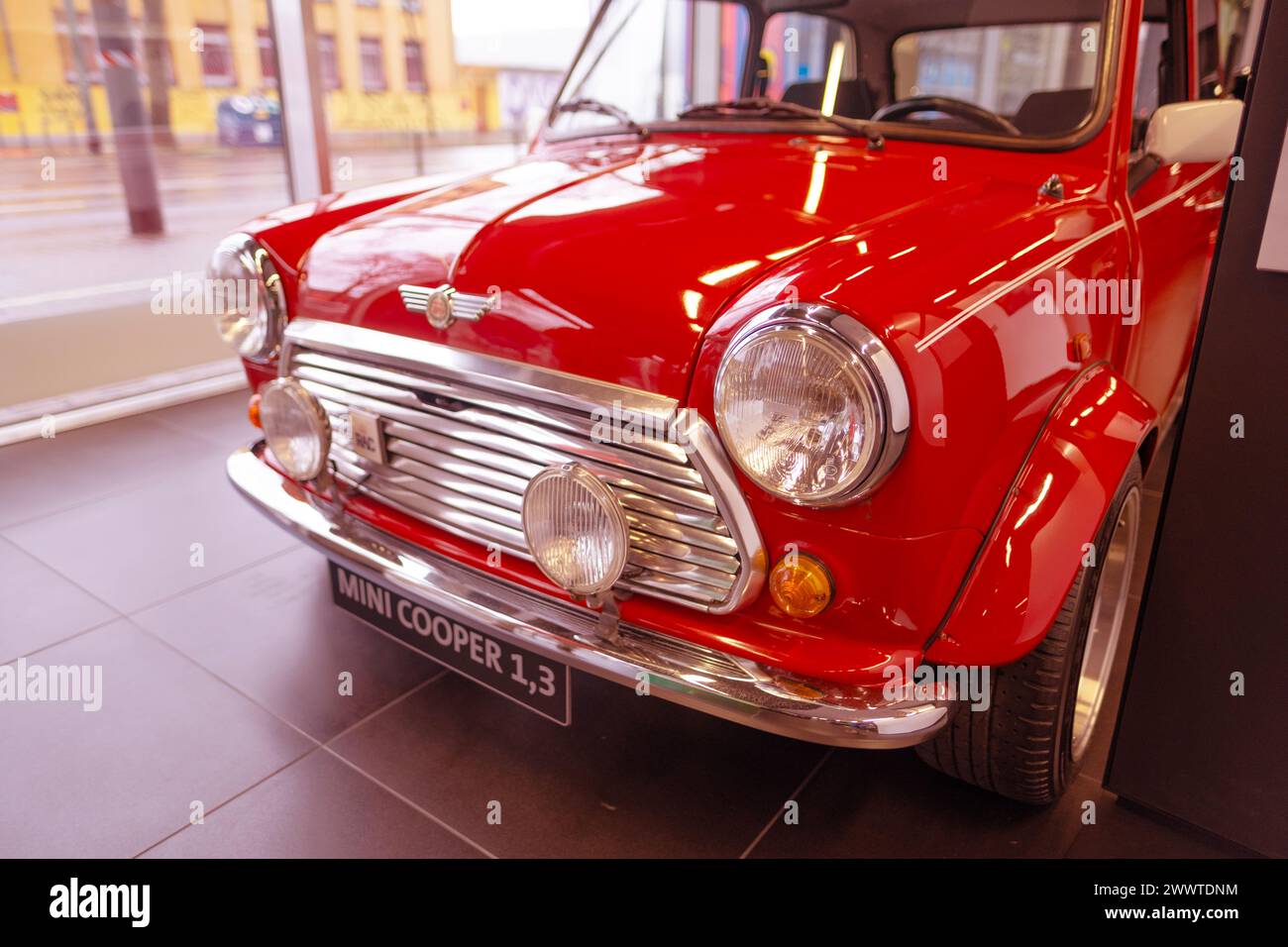vintage Red Classic Rover MINI Cooper 1.3 Oldtimer in showroom, iconic ...