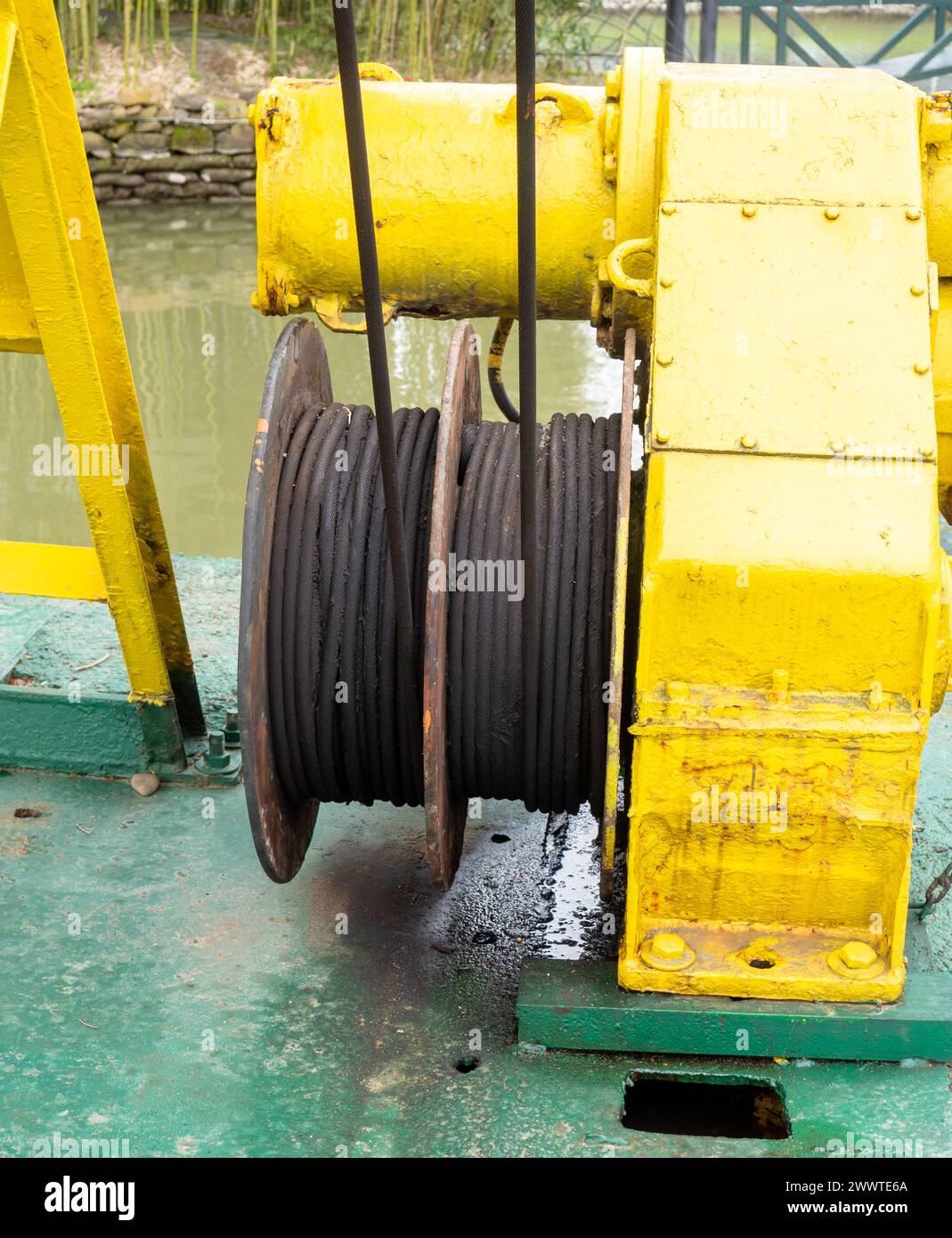 Winch lift for a boat. Mechanism close up. Simple technique Stock Photo