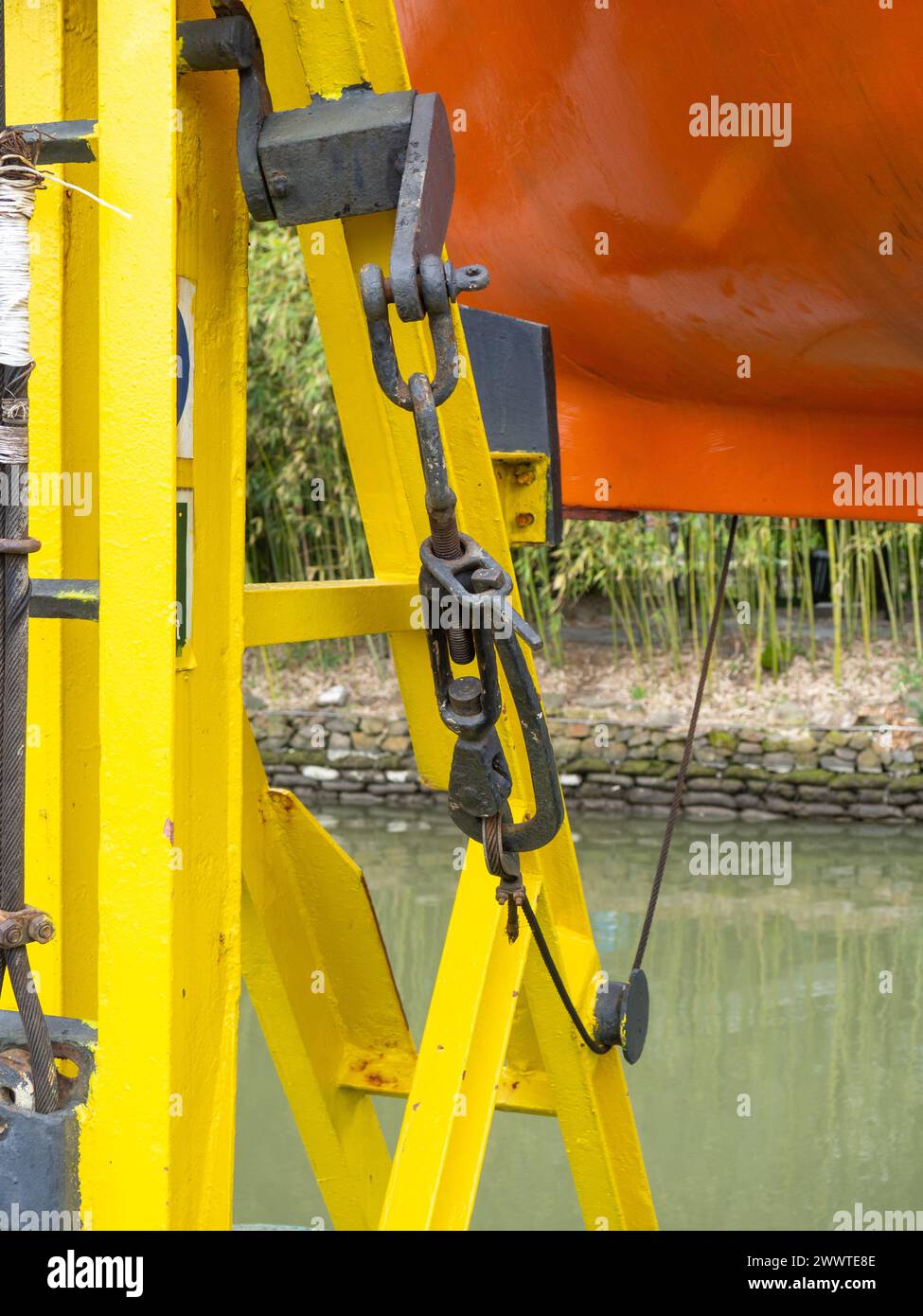 Winch lift for a boat. Mechanism close up. Simple technique Stock Photo