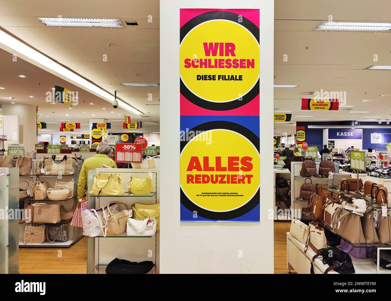 posters with special offers due to shop closure, Germany, North Rhine-Westphalia, Krefeld Stock Photo
