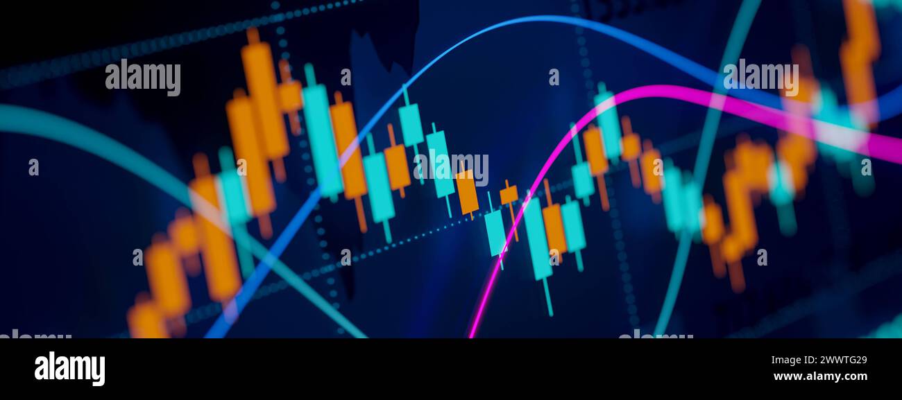 Stock market chart, lines and data. Stock market chart, lines and data. Cloes-up orange and blue candle stick chart, lines and moving averages in defo Stock Photo