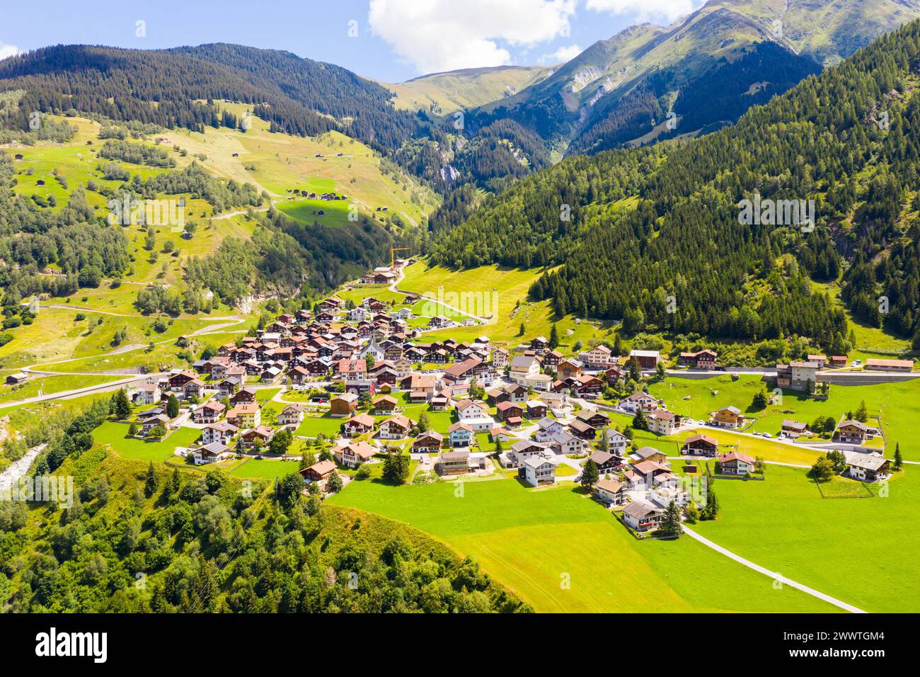 View from a height of the Curaglia village in the valley medel Stock Photo