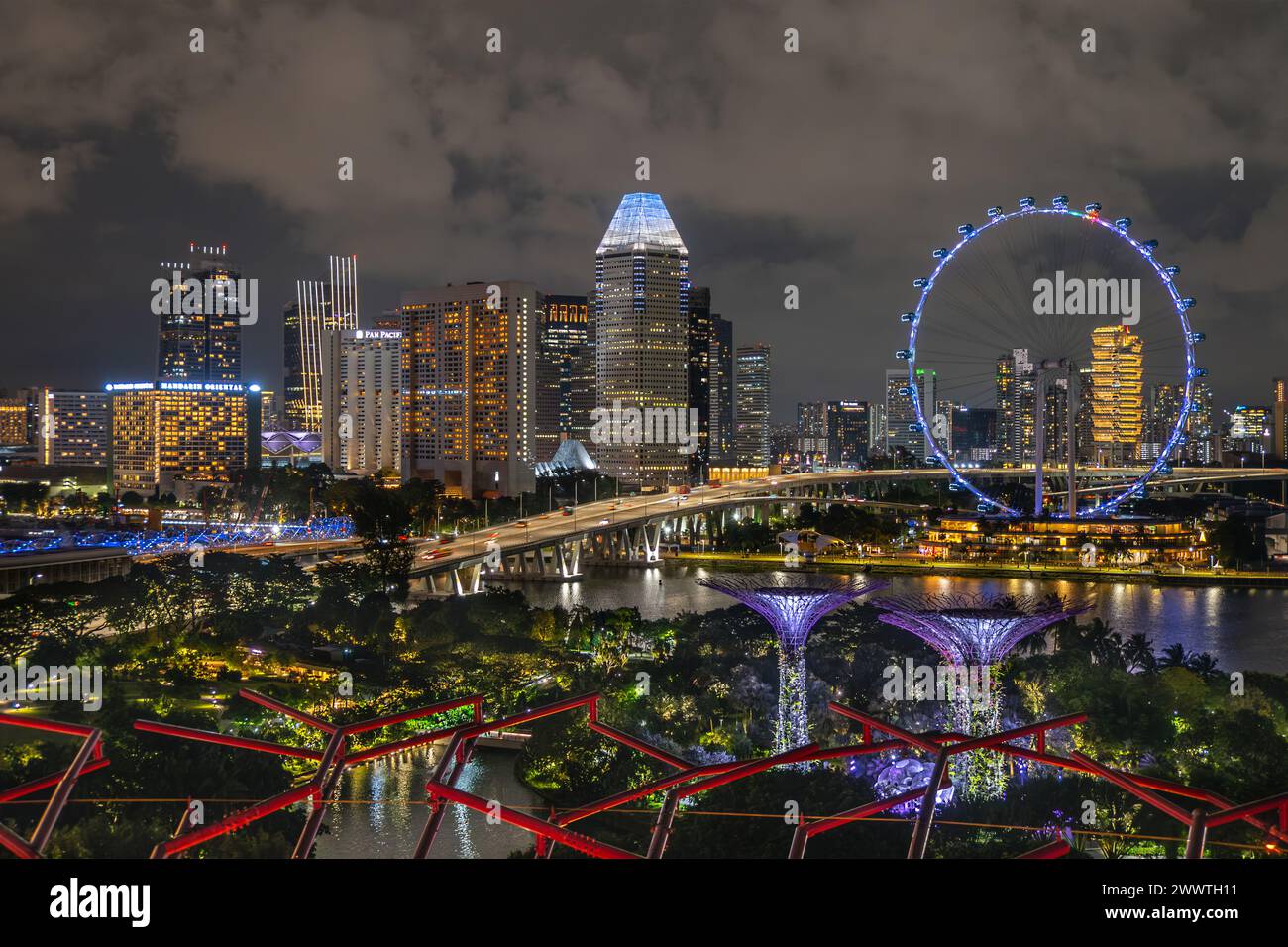 Singapore Flyer and business skyline at night Stock Photo
