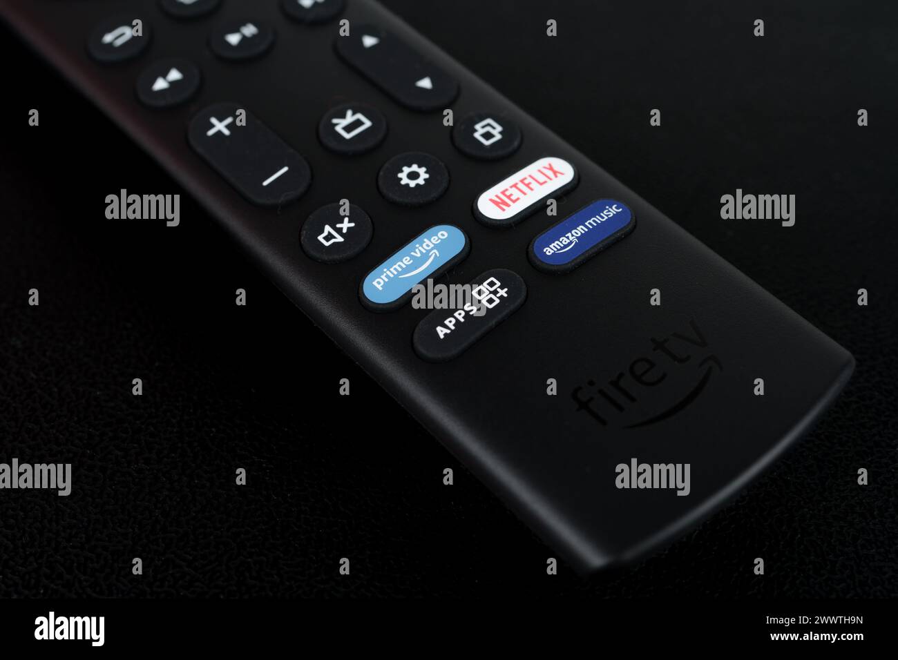 Romote for Amazon Fire TV Stick 4K MAX 2023 and dedicated buttons for Prime Video Netflix Amazon Music. Stafford, United Kingdom. March 24, 2024. Stock Photo