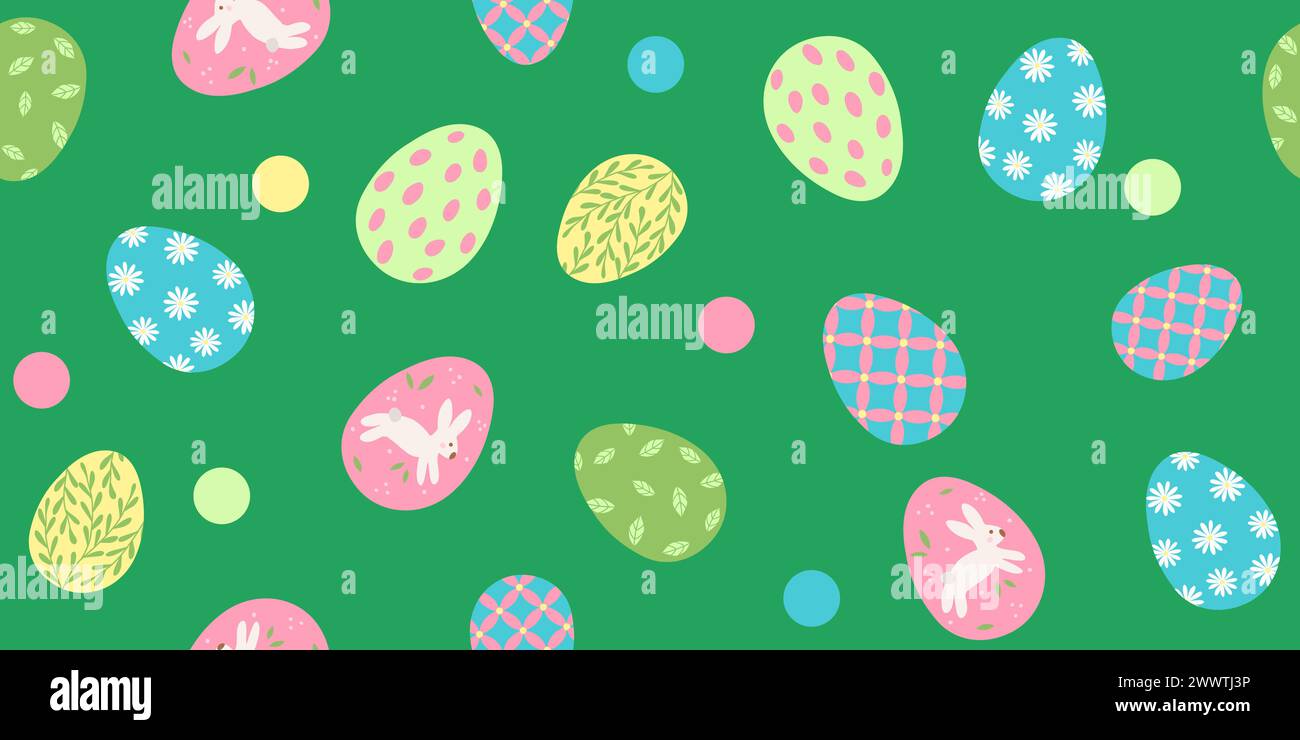Green background with a variety of colorful Easter eggs and dots. Larger and smaller eggs are scattered throughout the background, seamless pattern, vector illustration Stock Vector