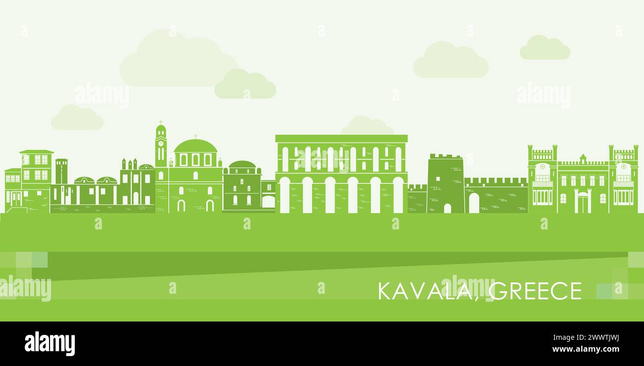 Green Skyline panorama of city of Kavala, Greece - vector illustration Stock Vector
