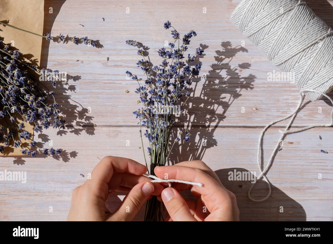 Top view flat lay of process making bouquets of dried lavender flowers ...