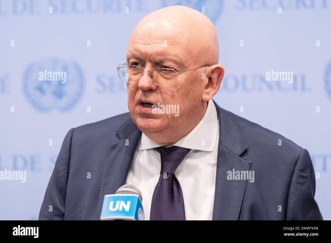 Russian Ambassador Vassily Nebenzia speaks to the press at UN Headquarters in New York on March 25, 2024 Stock Photo