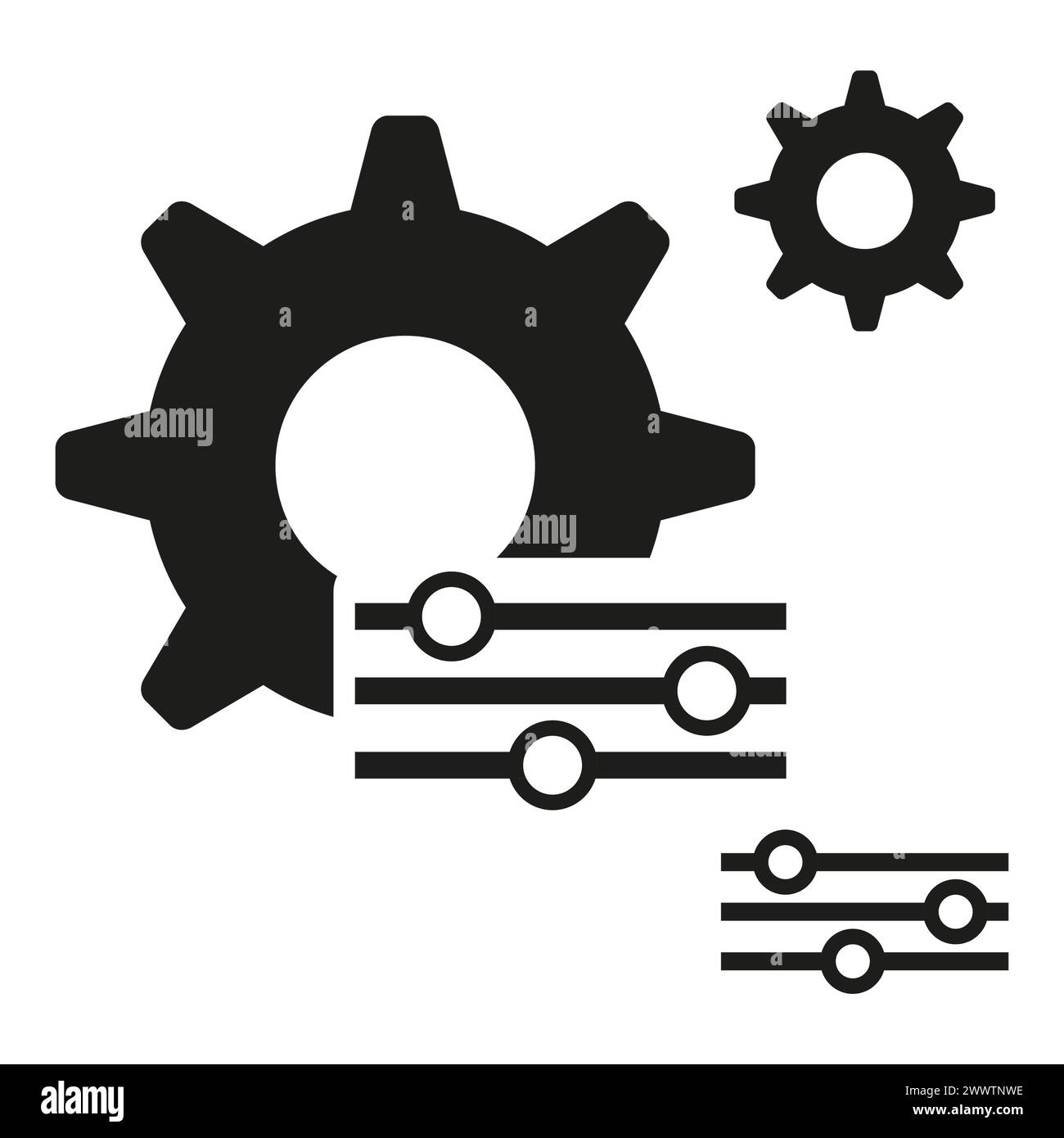 Main gear icon. Auxiliary cog symbol. Circuit connection lines. Technology integration sign. Vector illustration. EPS 10. Stock Vector