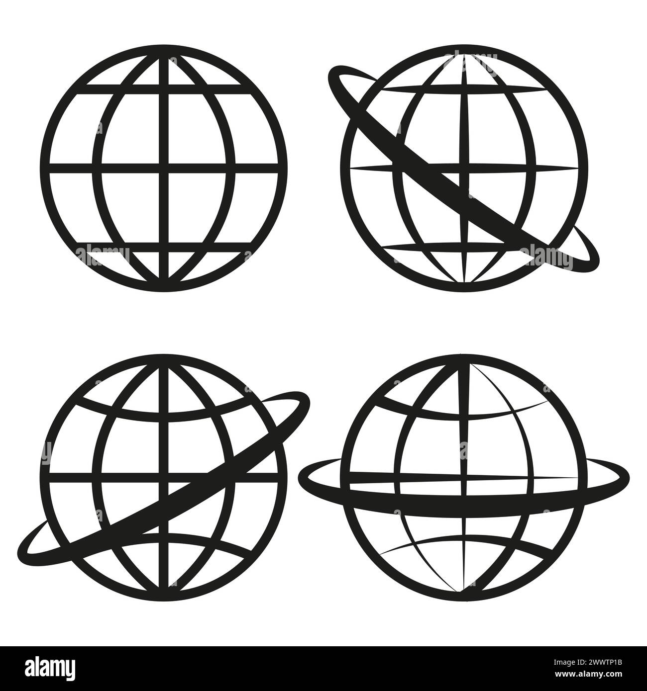 Globe icons set. World map symbols. Global network signs. Orbit line variations. Vector illustration. EPS 10. Stock Vector