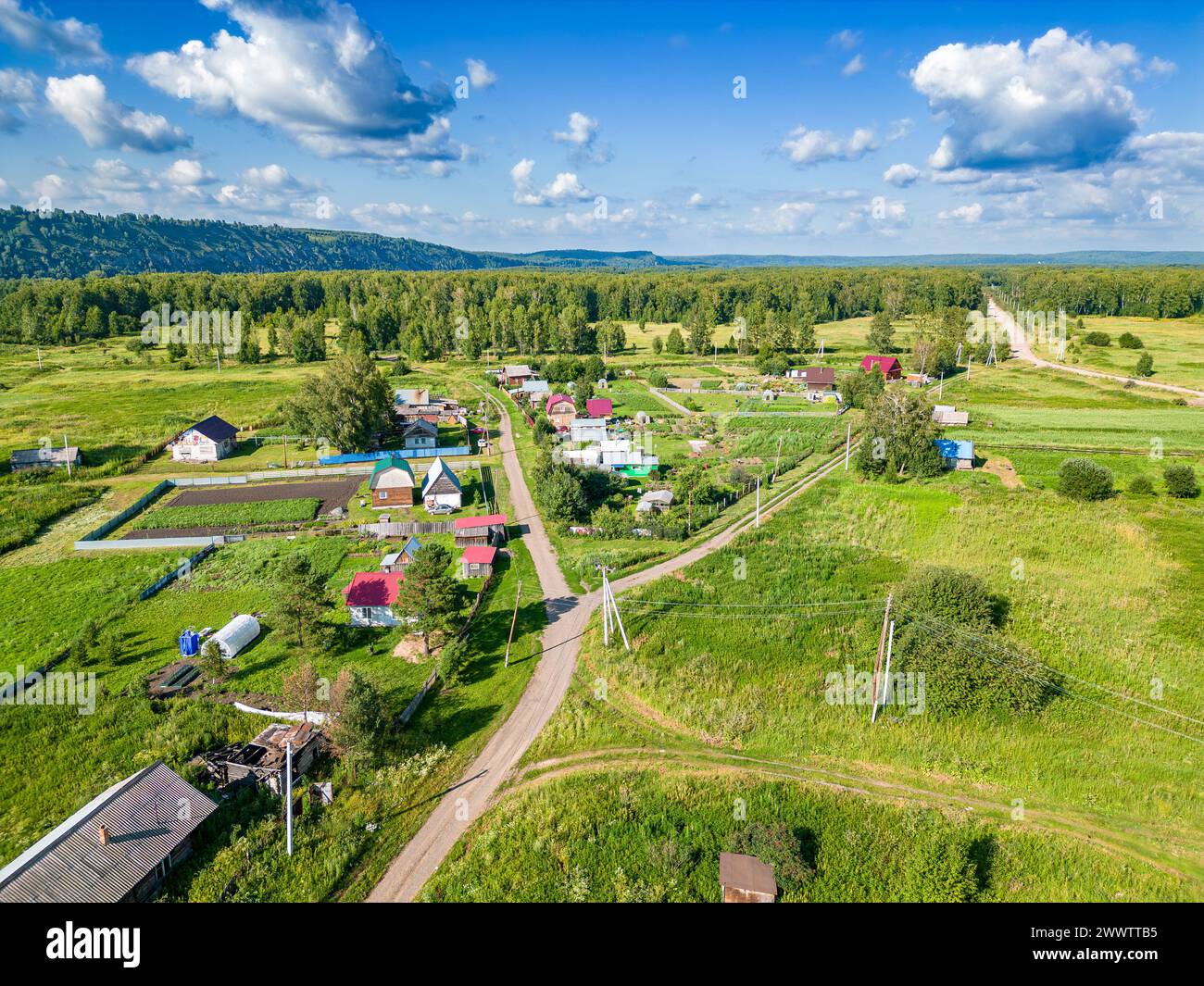 organizing and conducting reconnaissance of rural settlements using small unmanned aerial vehicles, view from a drone Stock Photo