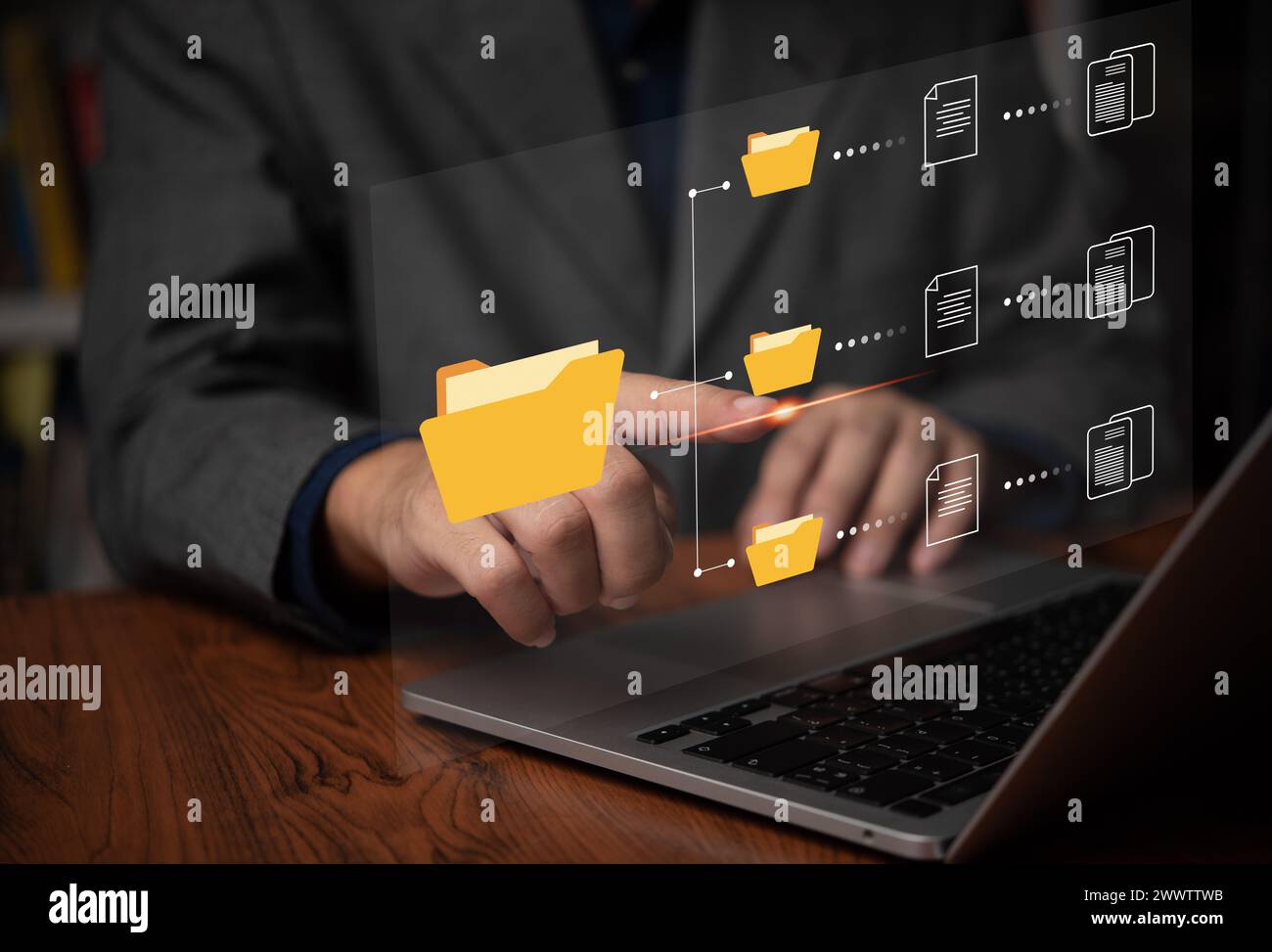 IT working on computer Business processes Document Management System DMS business processes and ensuring digital security. store, share, and organize Stock Photo