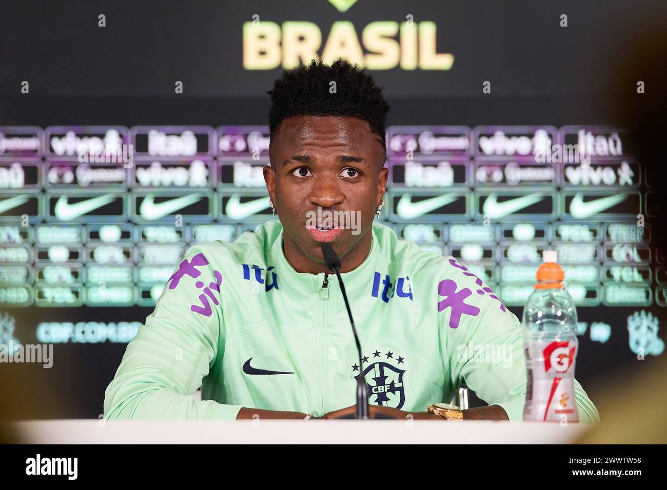 Madrid, Spain. 25th Mar, 2024. Vinicius Junior of Brazil attends a press conference on the eve of the international friendly match between Spain and Brazil at Ciudad Real Madrid. Credit: SOPA Images Limited/Alamy Live News Stock Photo