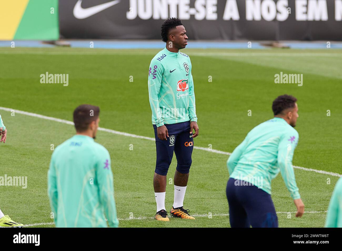 Madrid, Spain. 25th Mar, 2024. Vinicius Junior of Brazil looks on during the Brazilian National Football Team training on the eve of the international friendly match between Spain and Brazil at Alfredo Di Stefano Stadium. (Photo by Federico Titone/SOPA Images/Sipa USA) Credit: Sipa USA/Alamy Live News Stock Photo