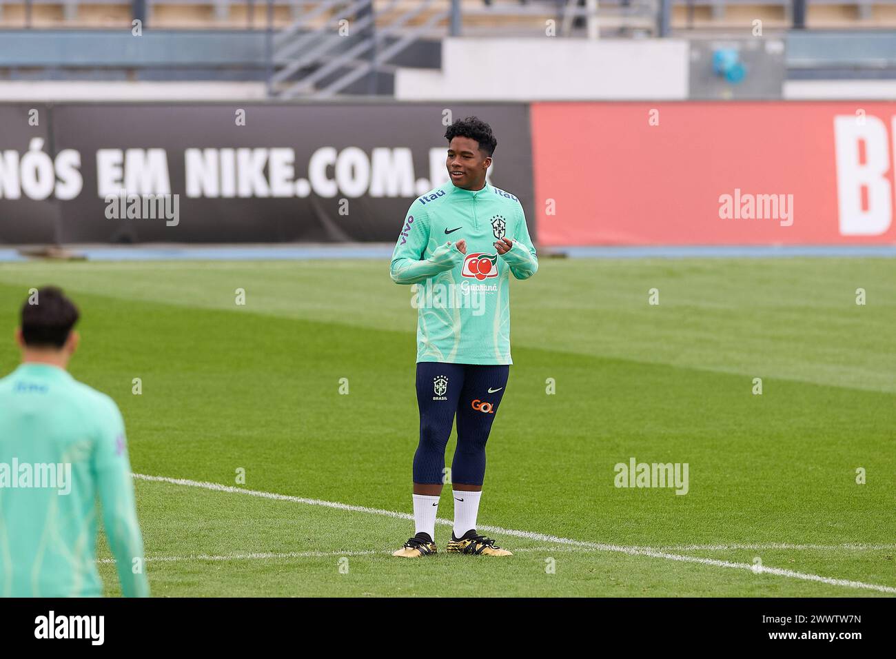 Madrid, Spain. 25th Mar, 2024. Endrick Felipe Moreira de Sousa, known as Endrick of Brazil looks on during the Brazilian National Football Team training on the eve of the international friendly match between Spain and Brazil at Alfredo Di Stefano Stadium. Credit: SOPA Images Limited/Alamy Live News Stock Photo