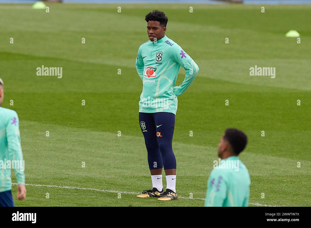 Madrid, Spain. 25th Mar, 2024. Endrick Felipe Moreira de Sousa, known as Endrick of Brazil looks on during the Brazilian National Football Team training on the eve of the international friendly match between Spain and Brazil at Alfredo Di Stefano Stadium. Credit: SOPA Images Limited/Alamy Live News Stock Photo