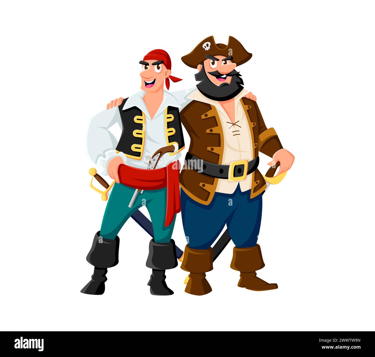 Cartoon sailors and skippers pirate characters, boatswain and captain corsair or filibuster. Vector swashbuckling friends stand side by side, hugging Stock Vector