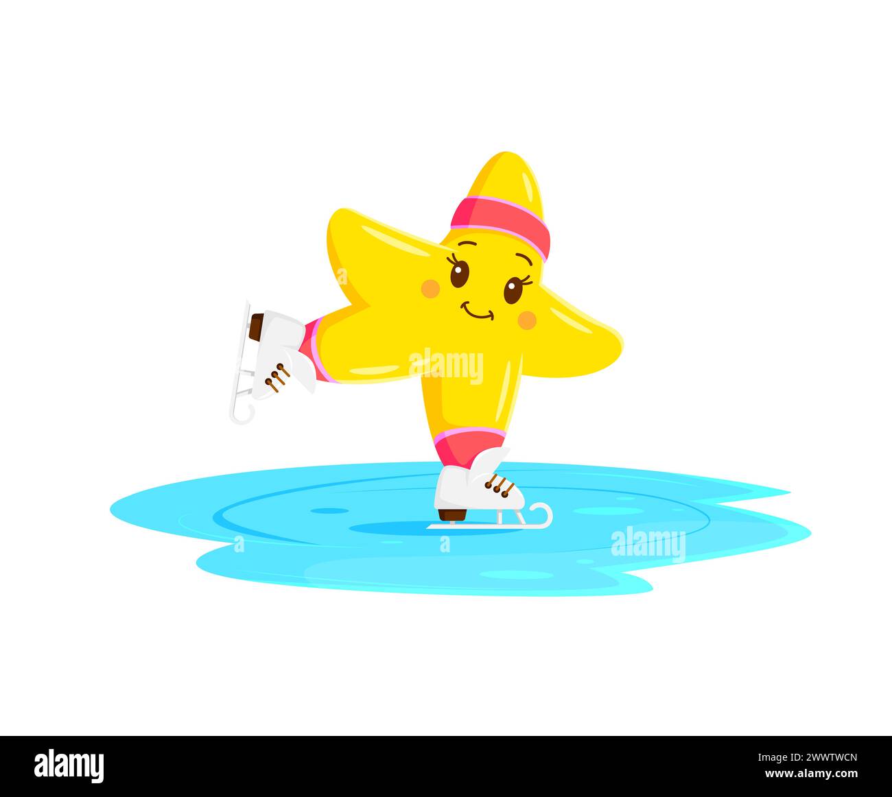 Cartoon kawaii star character skating on the skating rink. Isolated vector twinkle personage glides gracefully on ice, its cheeks blushing pink and ey Stock Vector