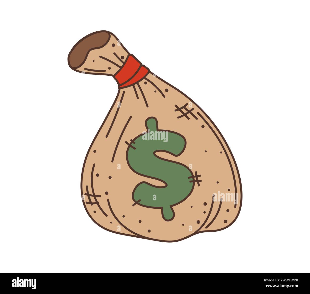 Money bag wild west western groovy item. Isolated vector sturdy canvas sack, used to carry coins or banknotes, marked with a dollar sign. Retro vintag Stock Vector