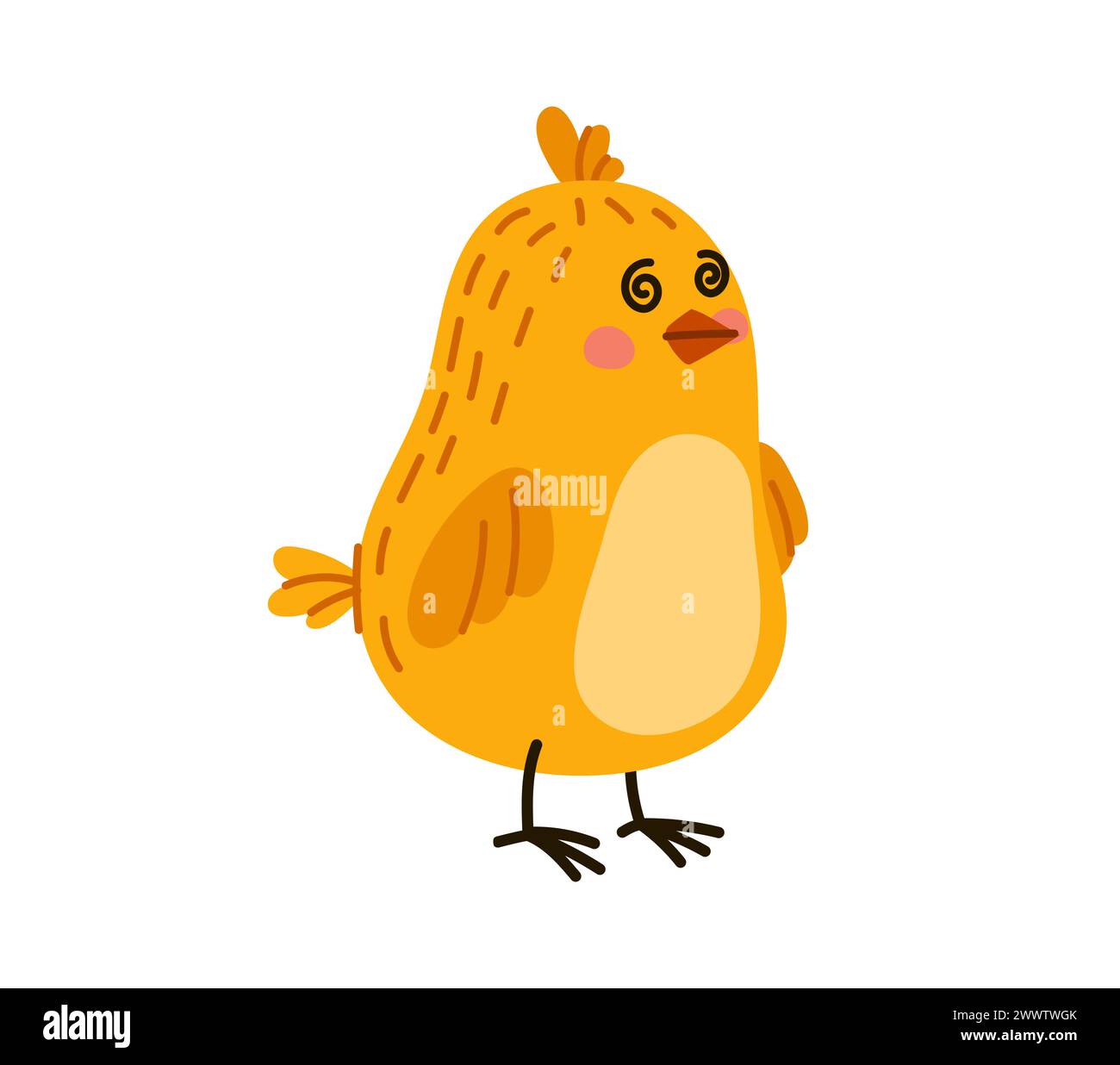 Cartoon cute chick character with fluffy yellow feathers, wide spiral