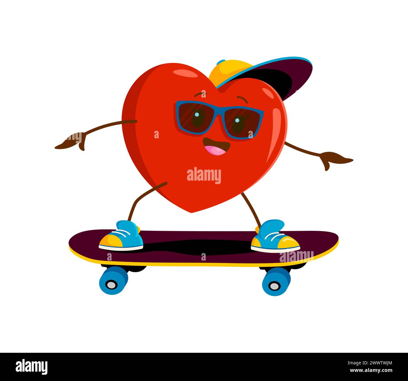 Cartoon heart character on skateboard. Isolated vector lively Valentines day personage joyfully rides a longboard, radiating love and excitement with Stock Vector