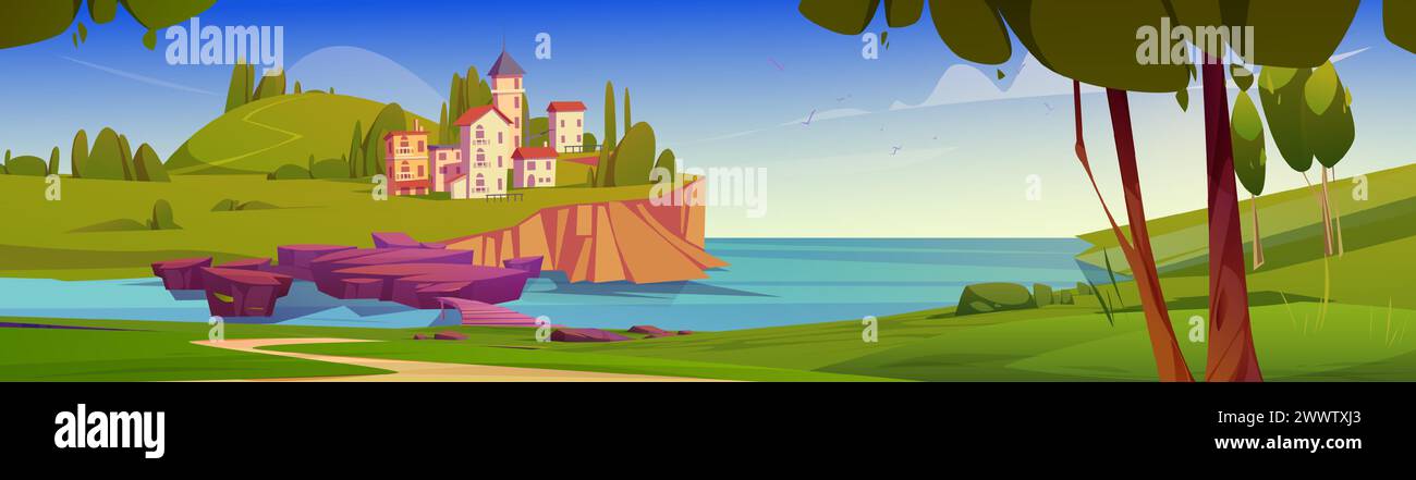 Little city with multistorey buildings on cliff shore or sea or ocean. Cartoon vector summer sunny day illustration of natural landscape with wooden bridge lead to town on rocky beach in harbor. Stock Vector
